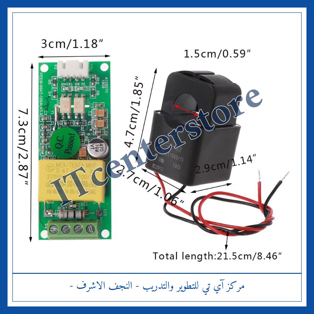 PZEM-004T 100A Power Energy Monitor with CT (80–260V, no cover) | مديول قياس طاقة PZEM-004T ‏100A مع محول تيار بدون غطاء